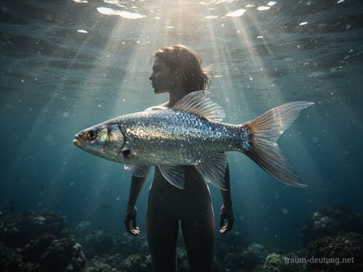 Menschliche Silhouette verwandelt sich in einen schimmernden Fisch unter Wasser.