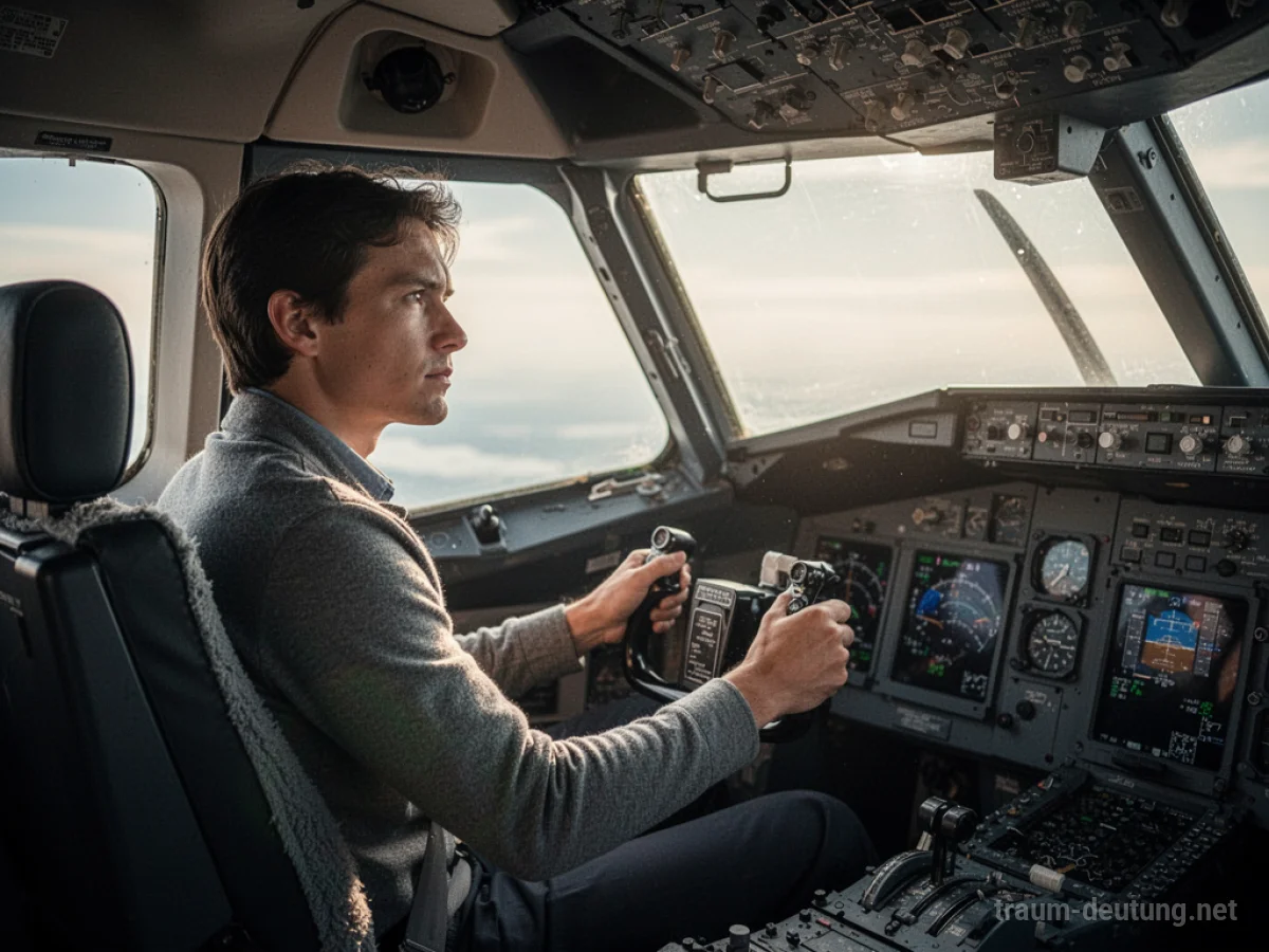 Pilot im Cockpit eines Flugzeugs, Hände am Steuer