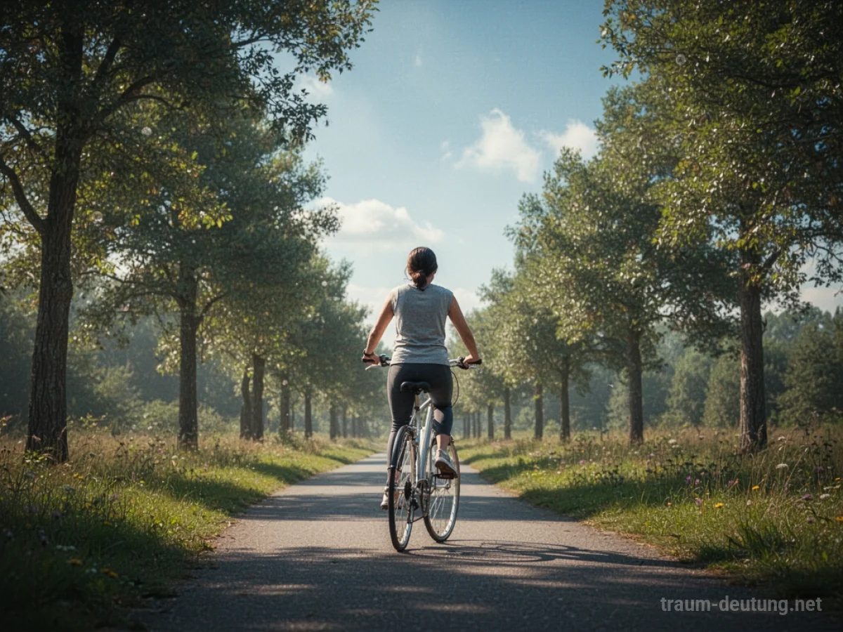 Eine Person fährt Fahrrad auf einem sonnigen Weg durch eine grüne Landschaft.