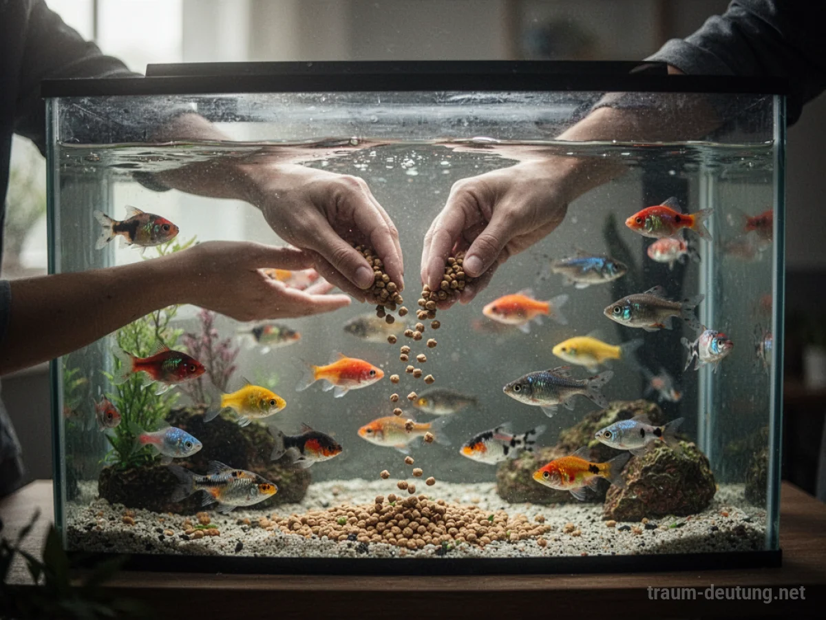 Hände füttern bunte Fische in einem Aquarium.
