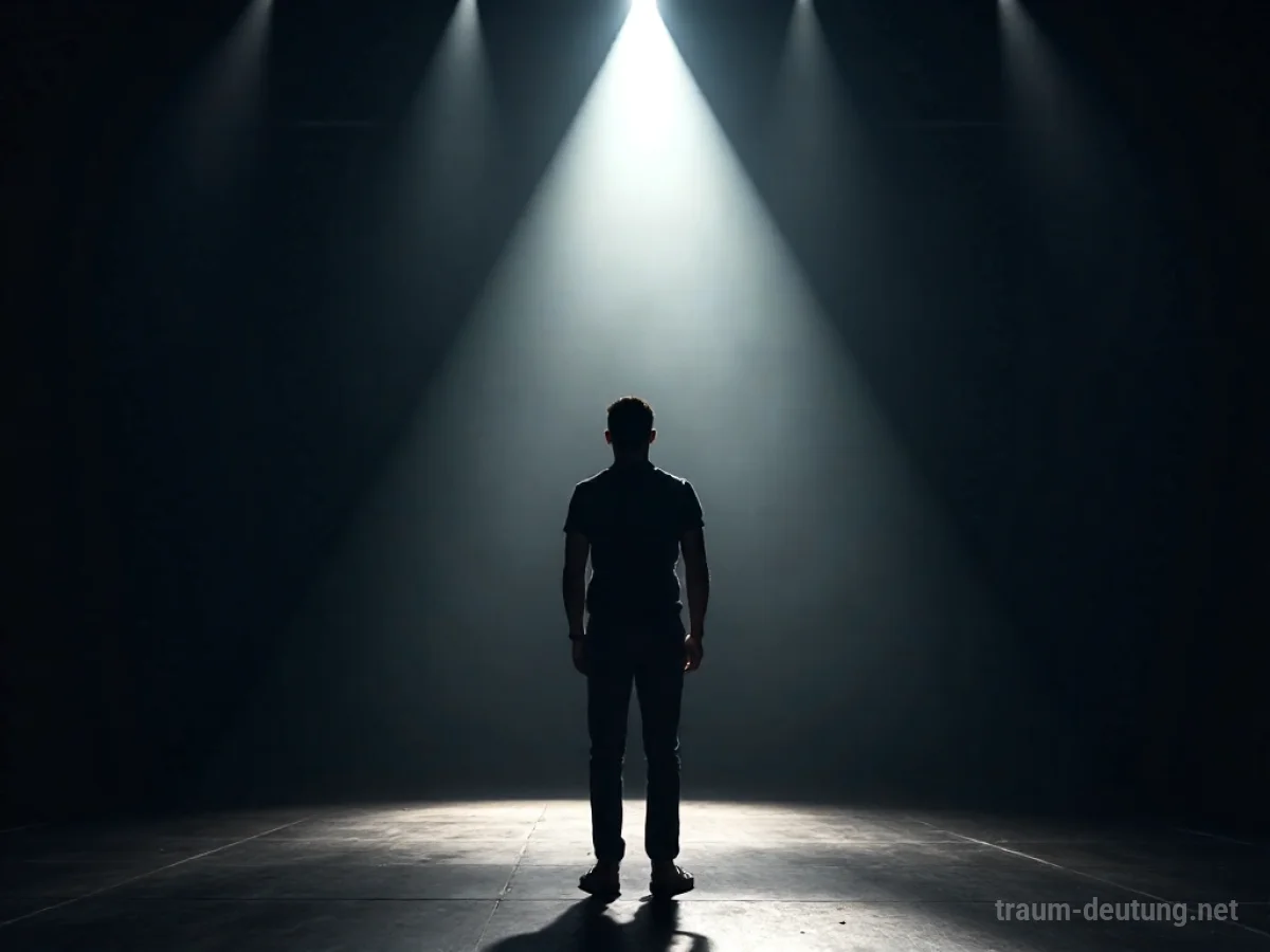 Silhouette einer Person im Scheinwerferlicht auf einer Bühne vor leerem Publikum