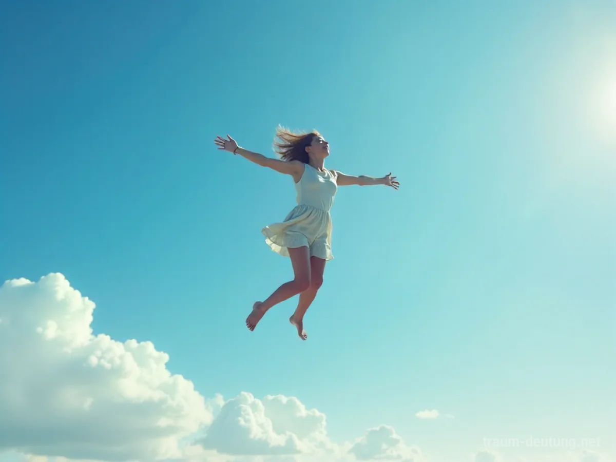 Eine Person fliegt frei und glücklich durch einen blauen Himmel.