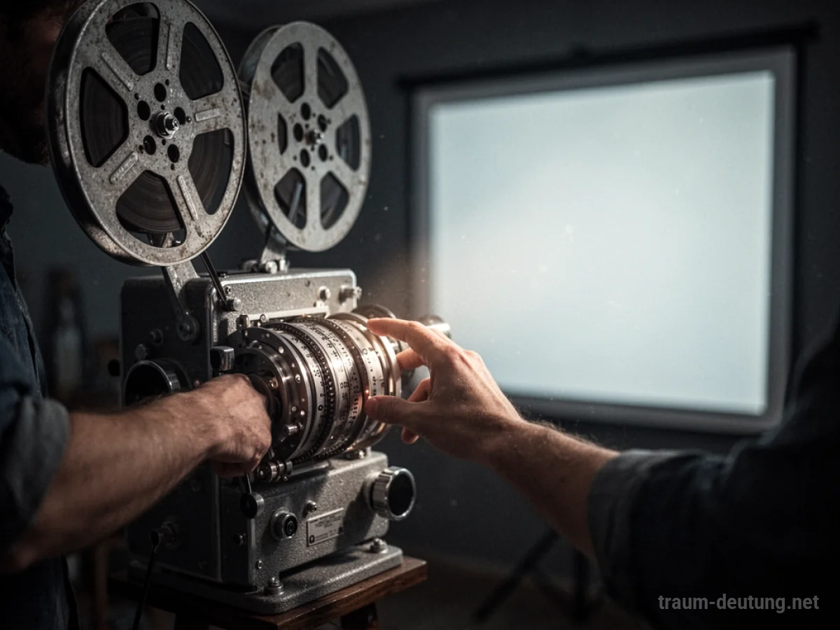 Hand verändert Filmspule eines Projektors, Lichtstrahl auf Leinwand