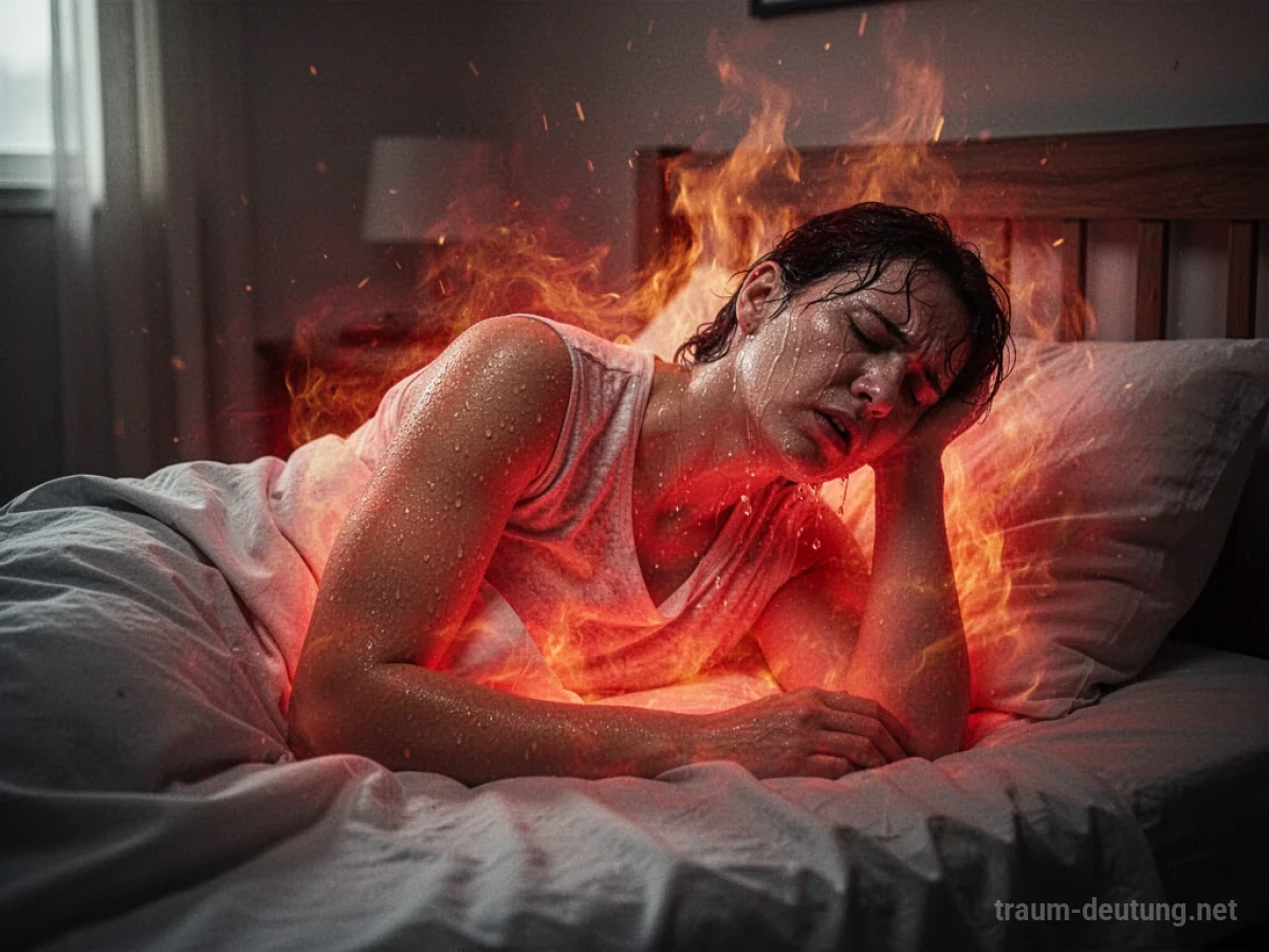 Eine Person mit hohem Fieber schwitzt stark im Bett, umgeben von roten und orangen Lichtreflexen.