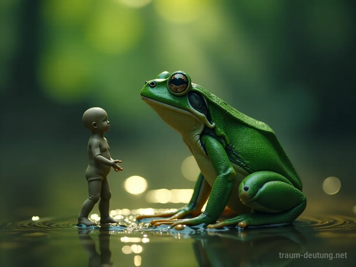 Mensch verwandelt sich langsam in einen Frosch in einer traumhaften Umgebung