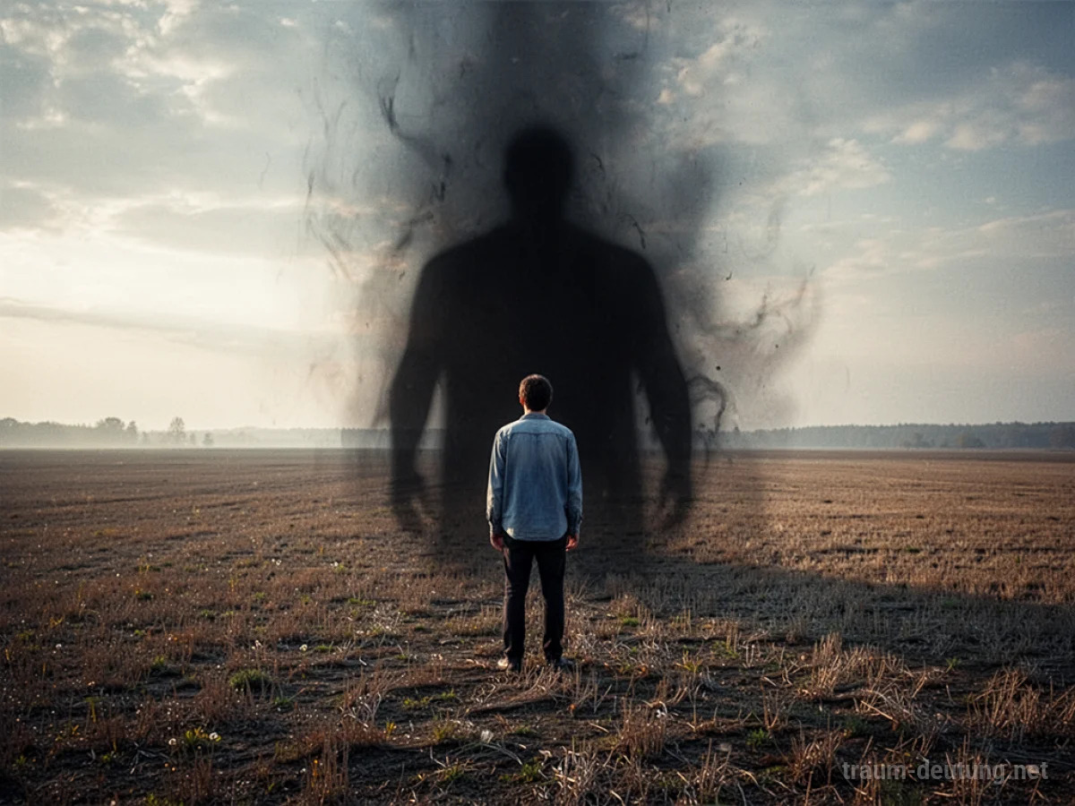 Eine Person steht allein in einem weiten Feld, ein dunkler Schatten nähert sich von hinten.