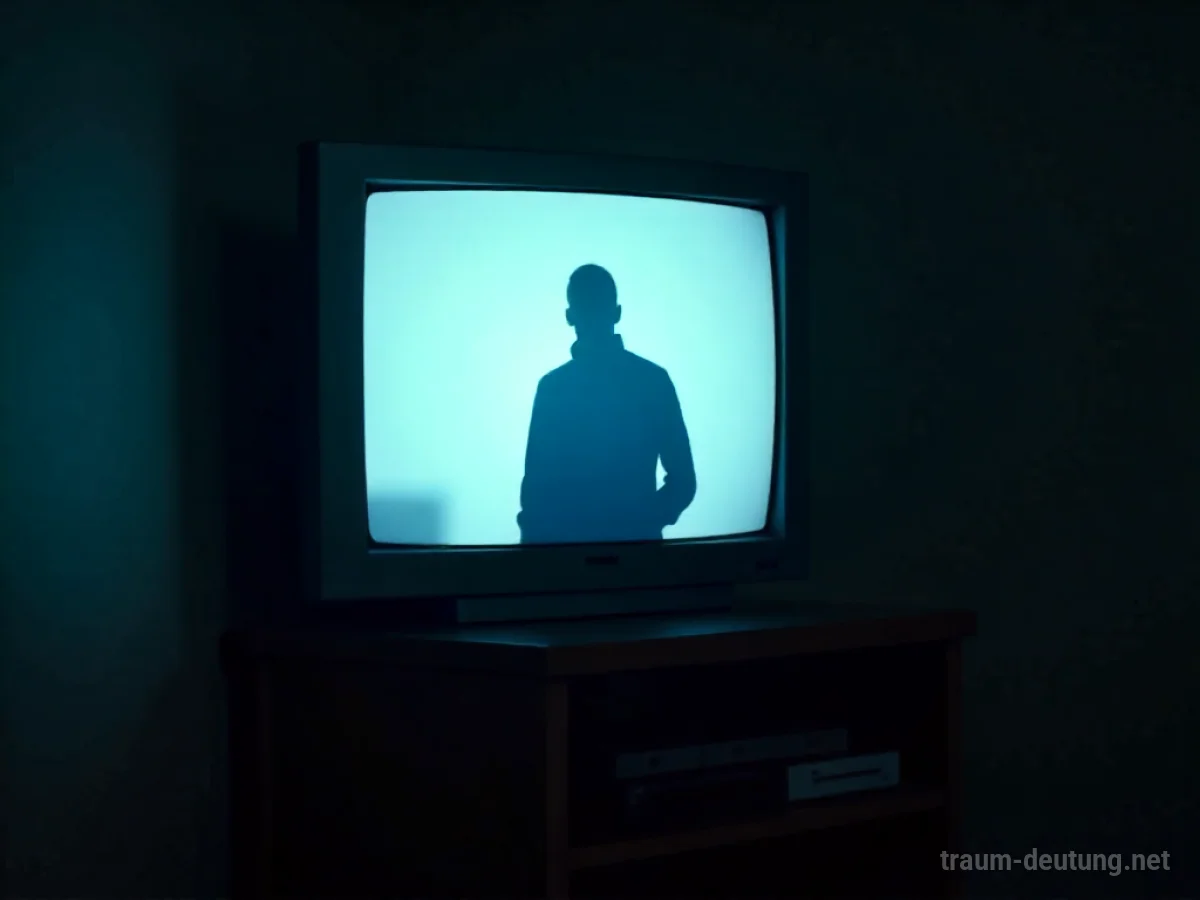 Silhouette einer Person auf einem Fernsehbildschirm, verfolgt von einer dunklen Gestalt