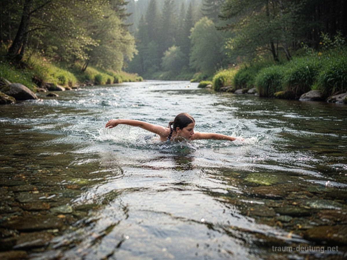 Eine Person schwimmt ruhig in einem klaren Fluss.