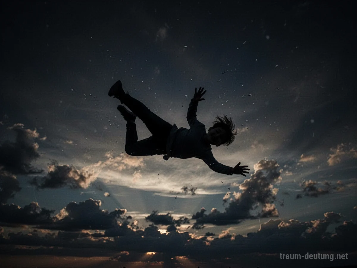 Silhouette einer Person im freien Fall durch einen dunklen Himmel.