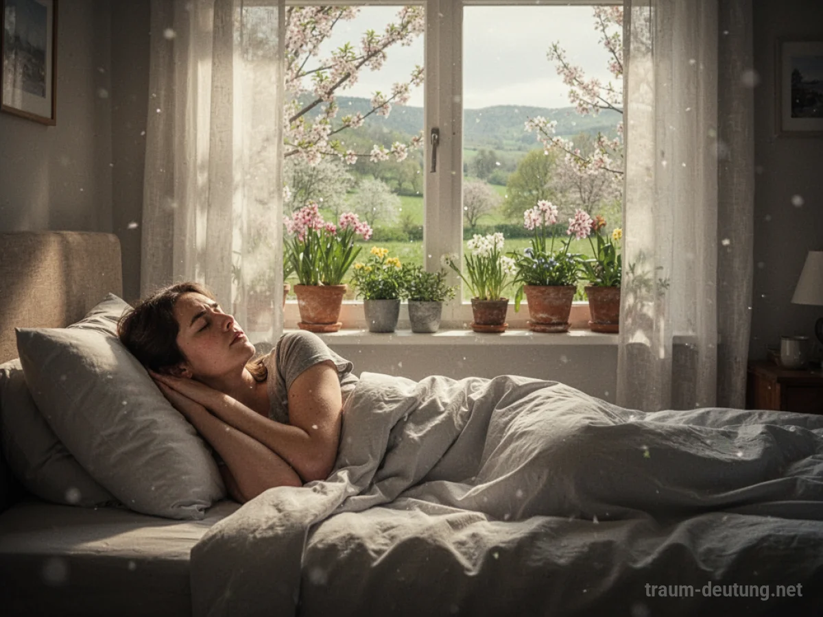 Person erwacht im Bett, Sonnenlicht fällt herein, draußen blühen Pflanzen.