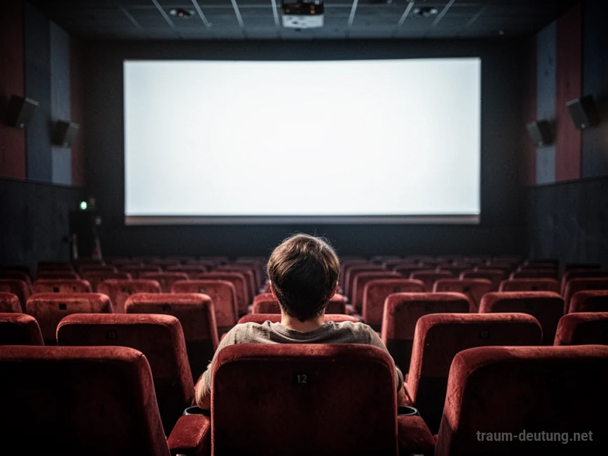 Eine Person sitzt allein in einem dunklen Kino und blickt auf die leere Leinwand.