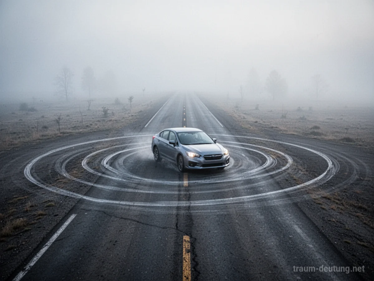 Auto fährt im Kreis auf einer einsamen Straße im Nebel.