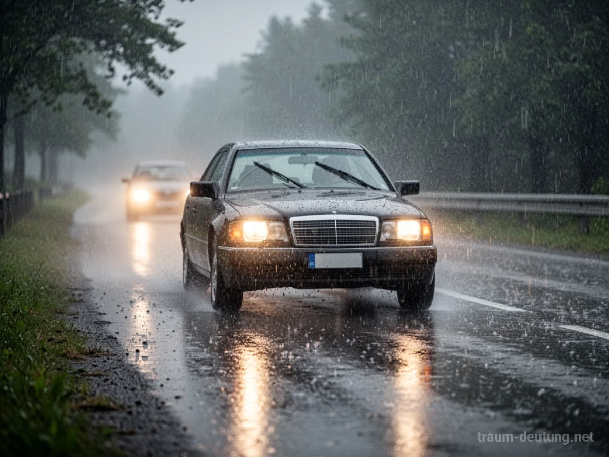 Auto fährt auf nasser Straße im starken Regen bei Nacht.
