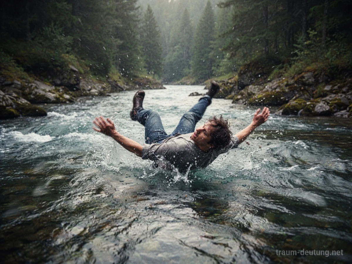 Person fällt in einen reißenden Fluss.