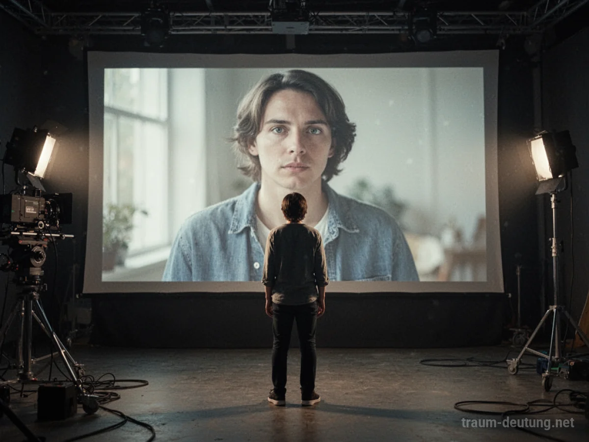 Person steht auf einem Filmset und blickt auf eine Leinwand mit ihrem Spiegelbild.