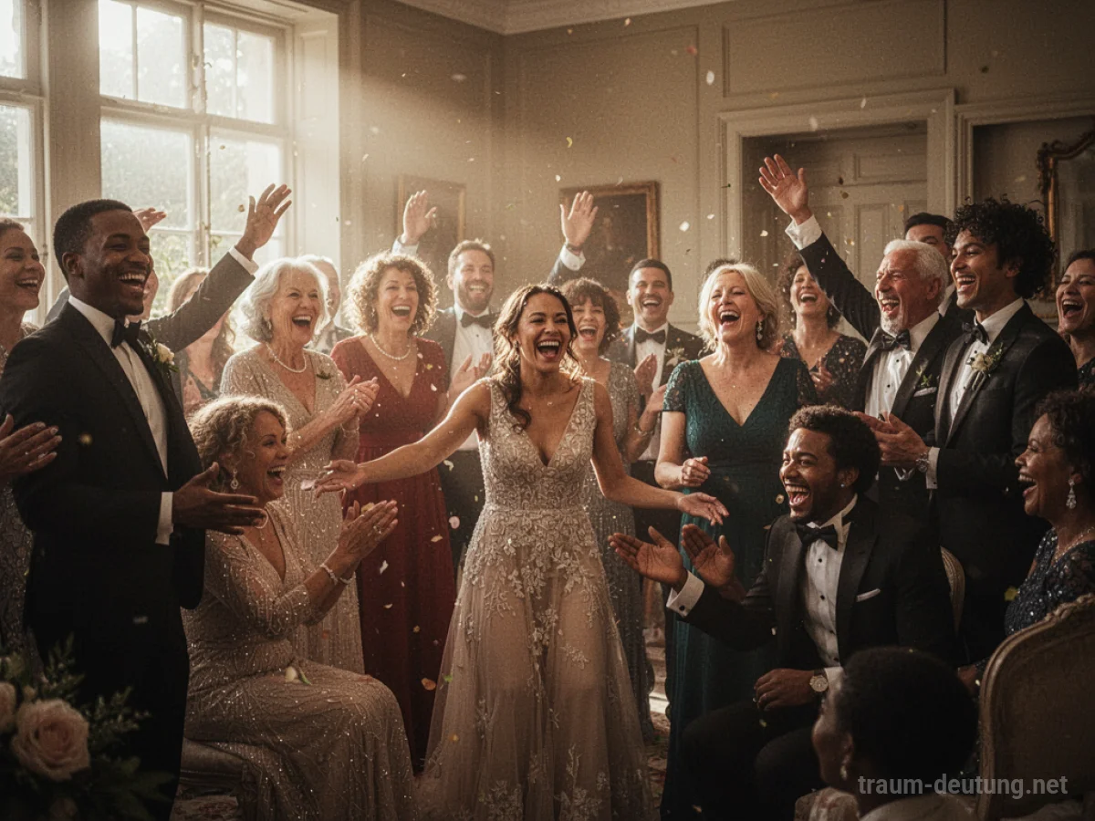Menschen feiern eine Hochzeit in einem hellen Raum mit strahlenden Gesichtern.