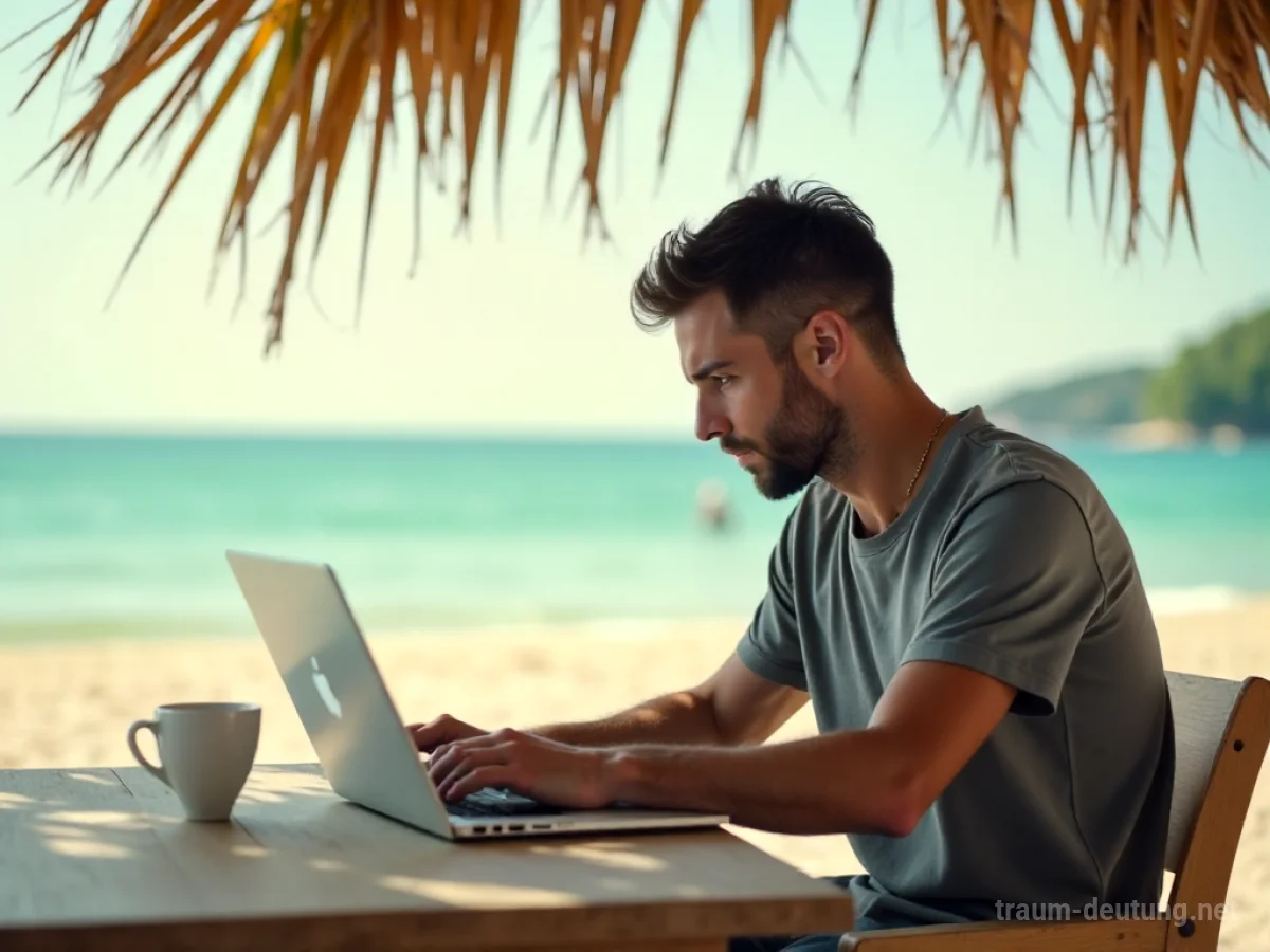 Person arbeitet am Laptop am Strand während der Ferien.
