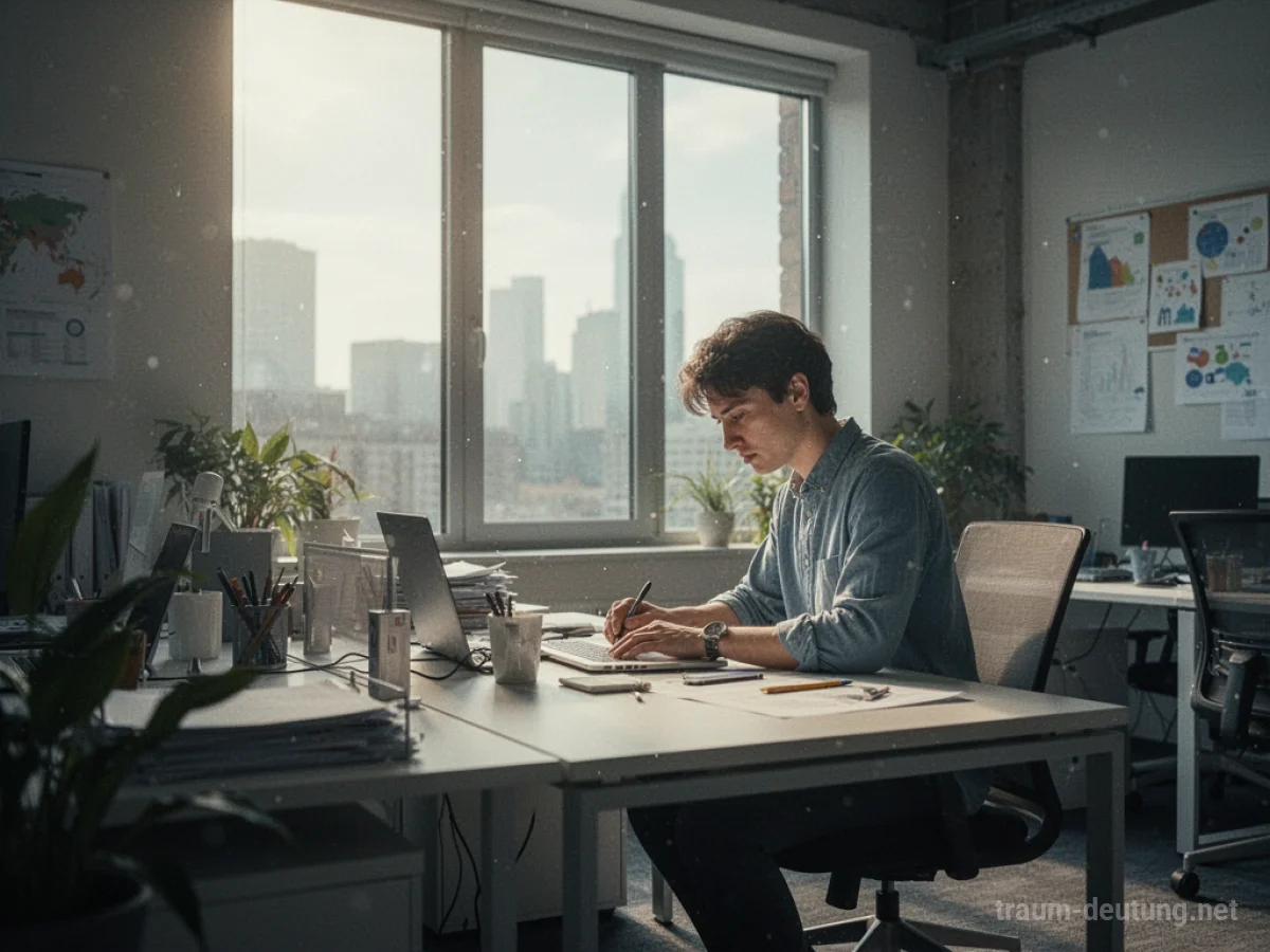 Person arbeitet am Schreibtisch in einem hellen Büro.