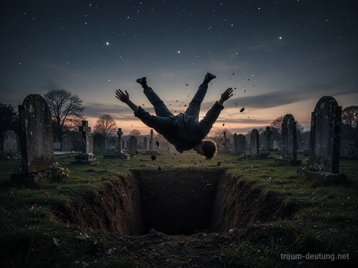 Silhouette einer Person, die in ein offenes Grab fällt, Friedhof bei Dämmerung