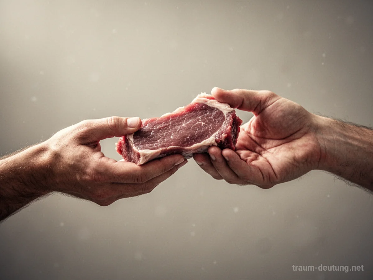 Hände reichen sich rohes Fleisch, als Symbol für Geben und Empfangen im Traum.