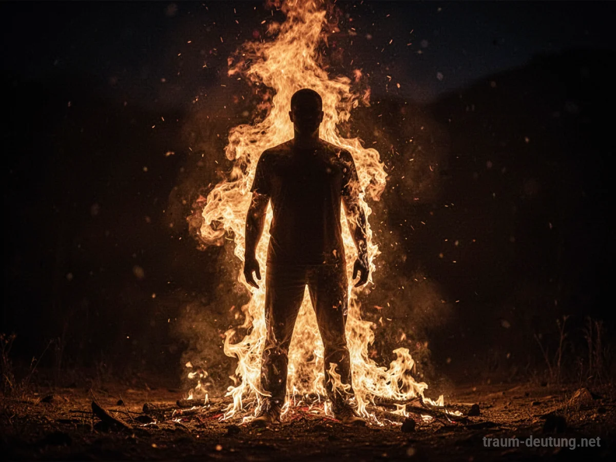 Silhouette einer Person, die von stilisierten, warmen Flammen umgeben ist
