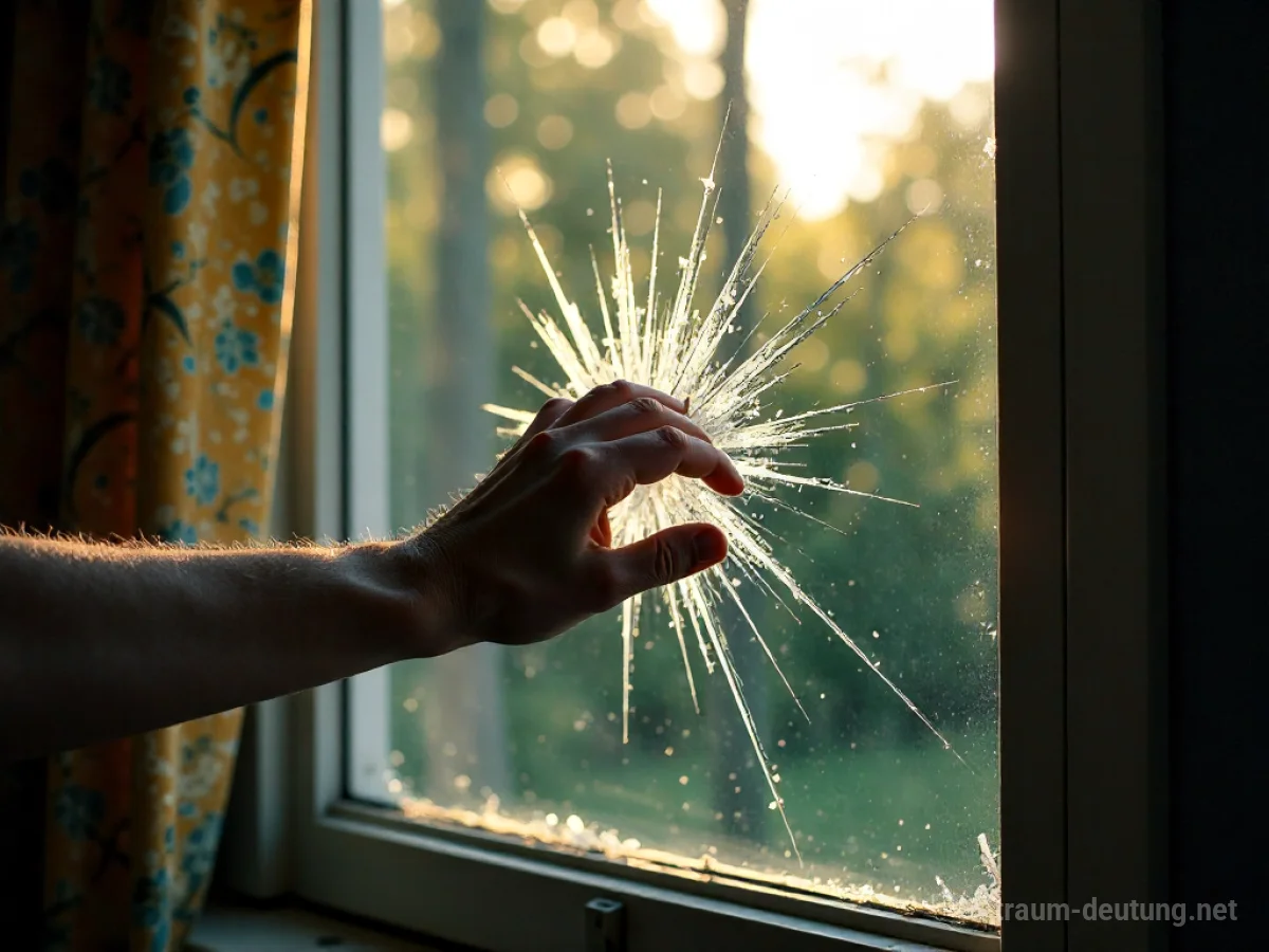 Ein Objekt wird von außen durch ein Fenster geworfen, Glas zersplittert.