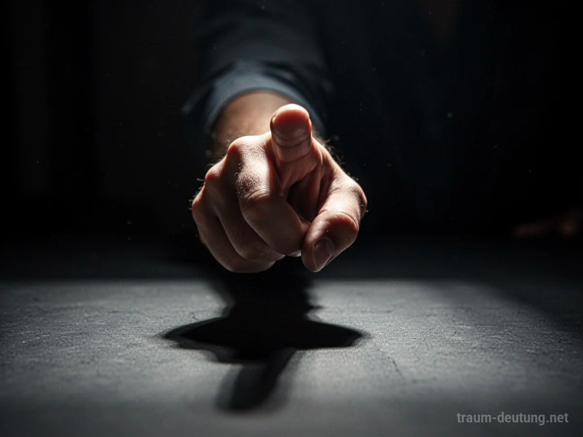 Ein einzelner Finger zeigt aus dem Dunkel auf den Betrachter.