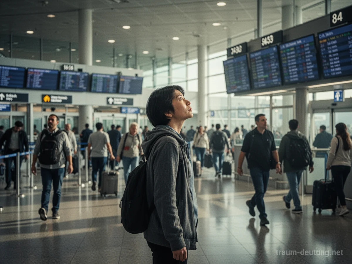 Person wartet auf jemanden am belebten Flughafen-Terminal