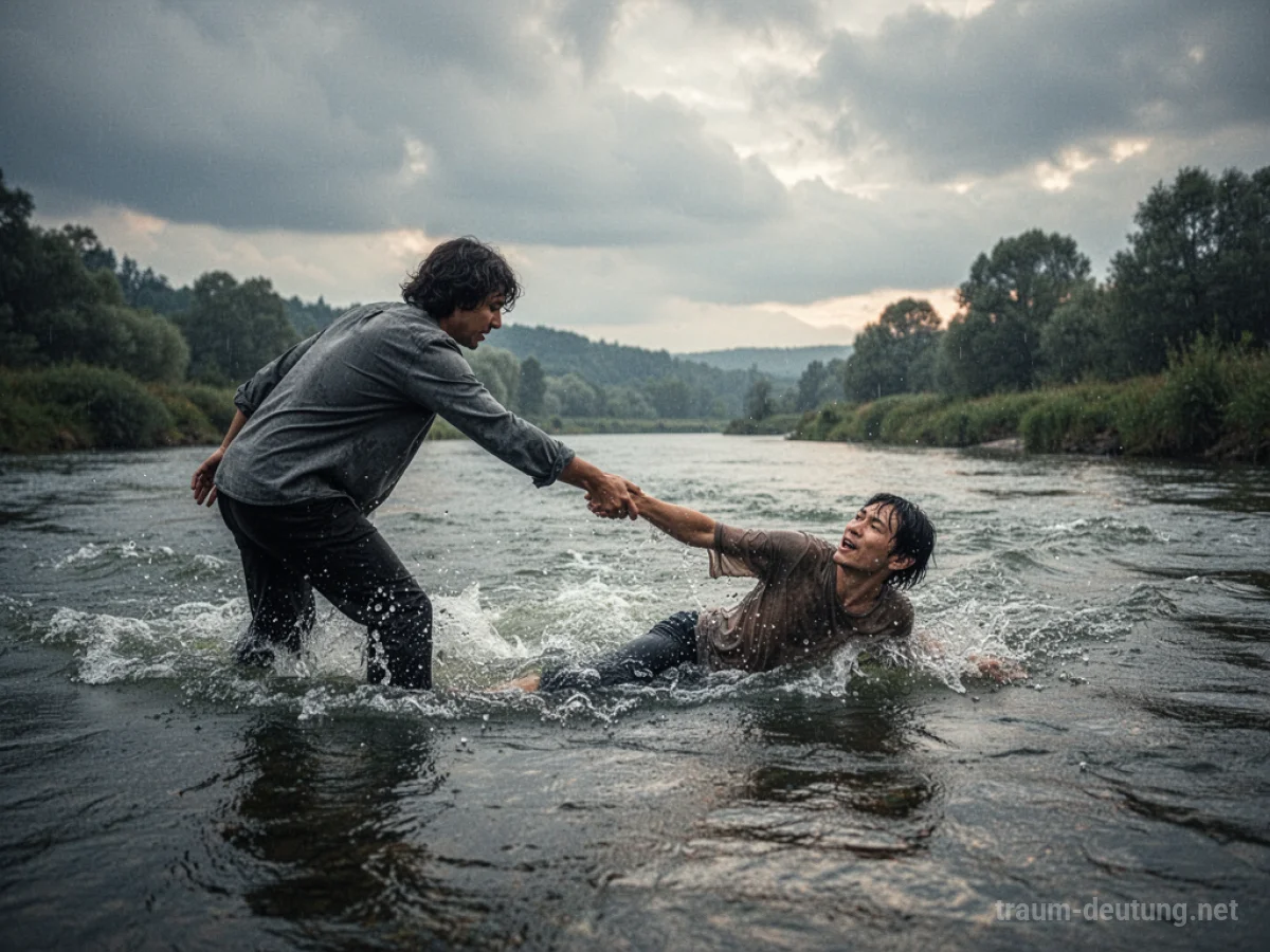 Jemand reicht einer Person im Fluss die Hand zur Rettung.