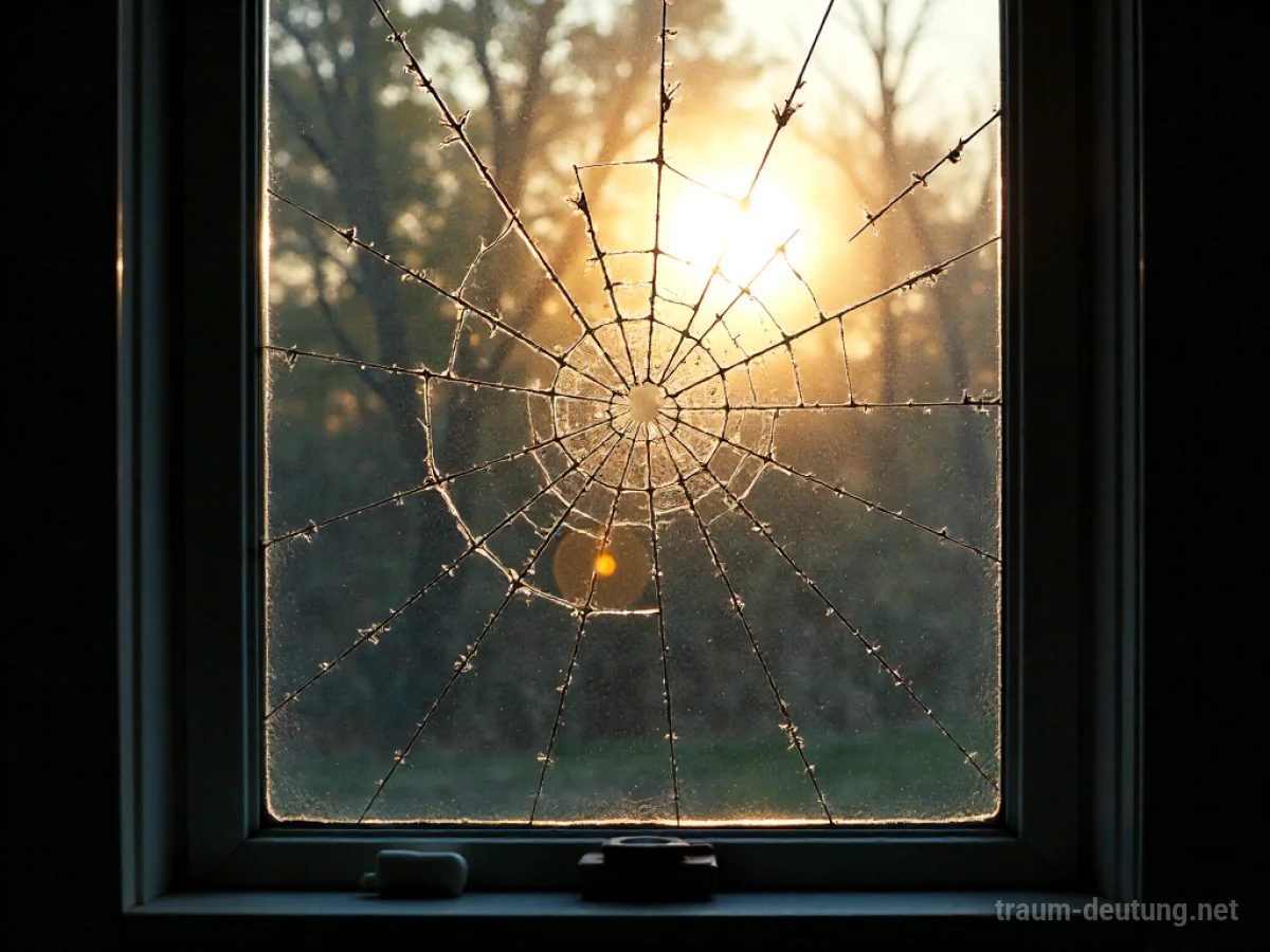 Ein gesprungenes Fensterglas mit Licht, das durch die Risse fällt.