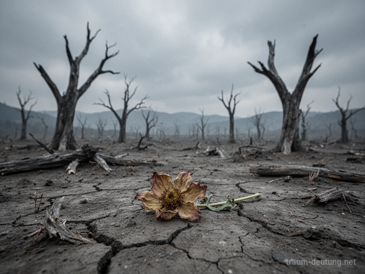 Verwelkte Blumen auf rissiger Erde unter grauem Himmel – kein Frühling kommt im Traum.