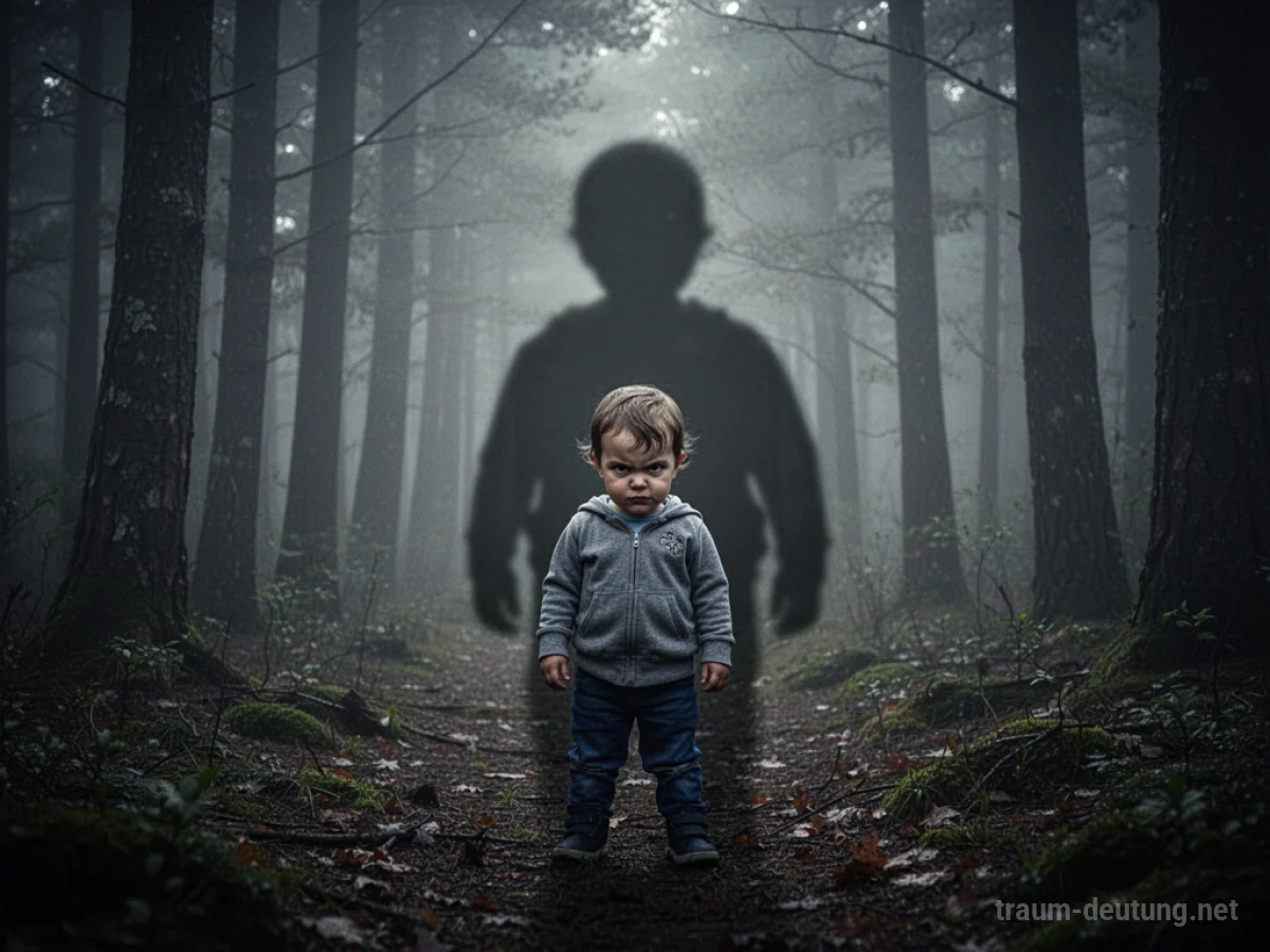 Ein kleines Kind mit bedrohlichem Blick steht im Nebel, sein Schatten ist groß und verzerrt.