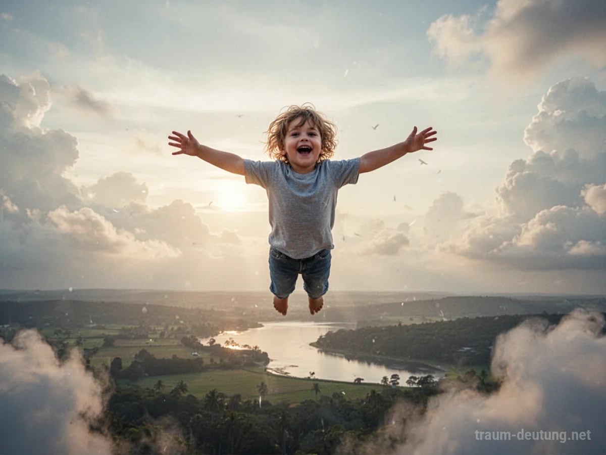 Ein Kind fliegt glücklich über einer sonnigen Landschaft