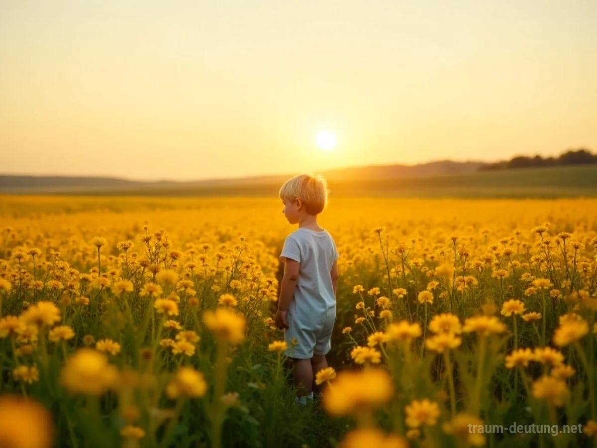 Kind steht allein in einem weiten, sonnenbeschienenen Blumenfeld.
