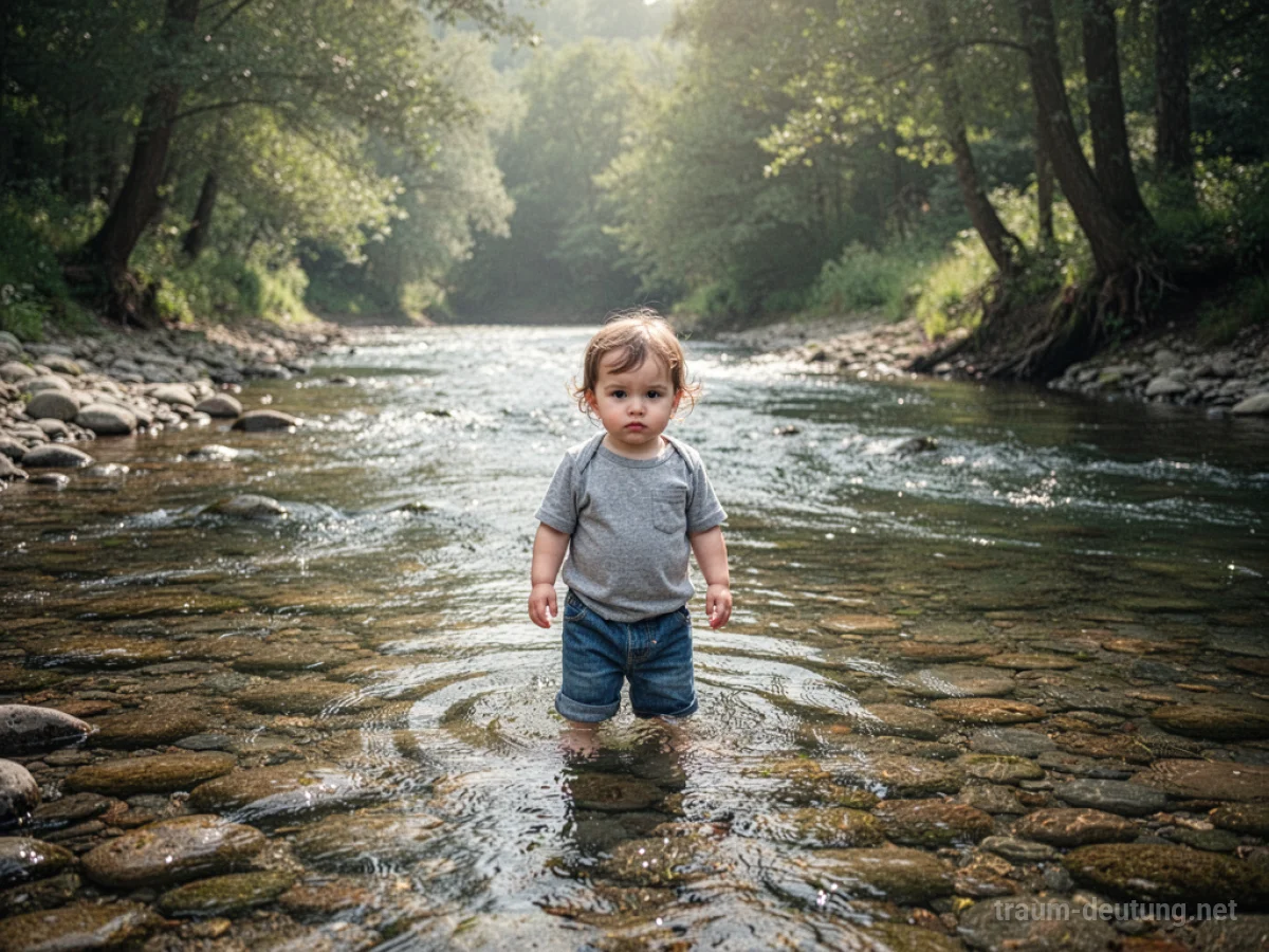 Kind steht in einem Fluss mit sanft fließendem Wasser.