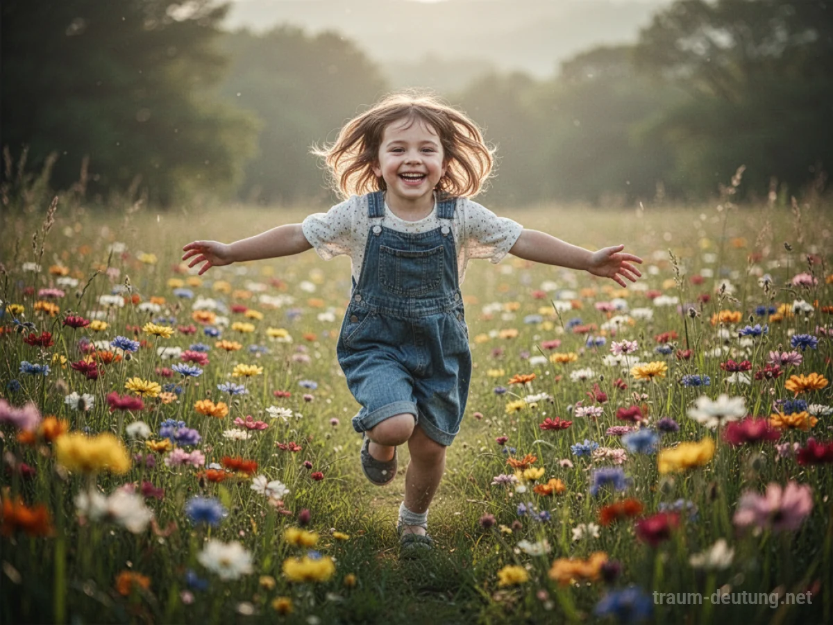 Ein strahlendes Kind rennt lachend über eine sonnige Blumenwiese.