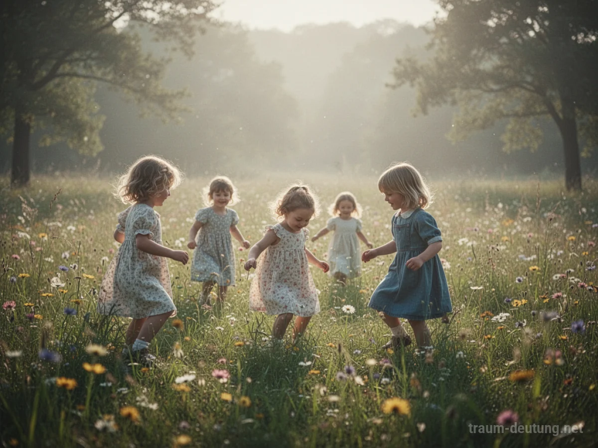 Kinder spielen fröhlich auf einer sonnigen Wiese in einer nostalgischen Erinnerung.