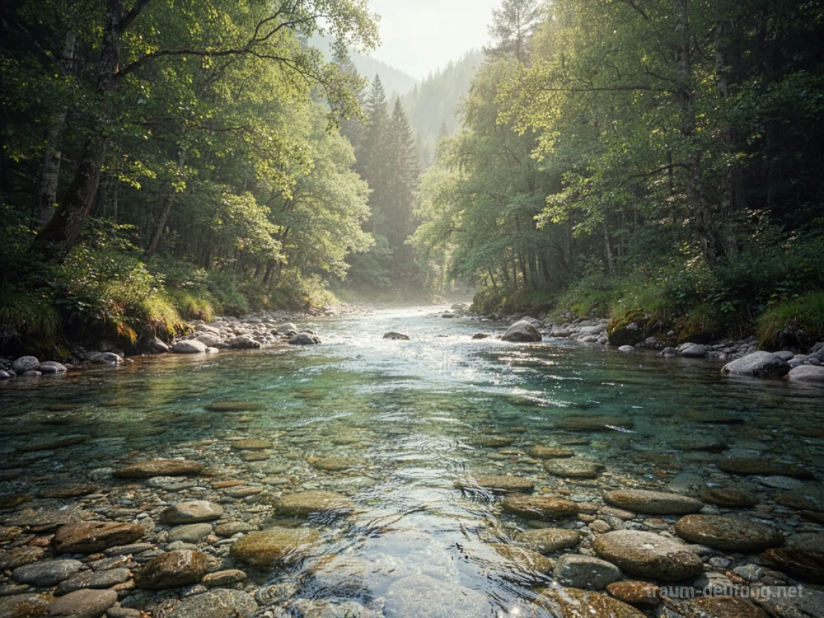 Klarer Fluss fließt ruhig durch einen sonnigen Wald