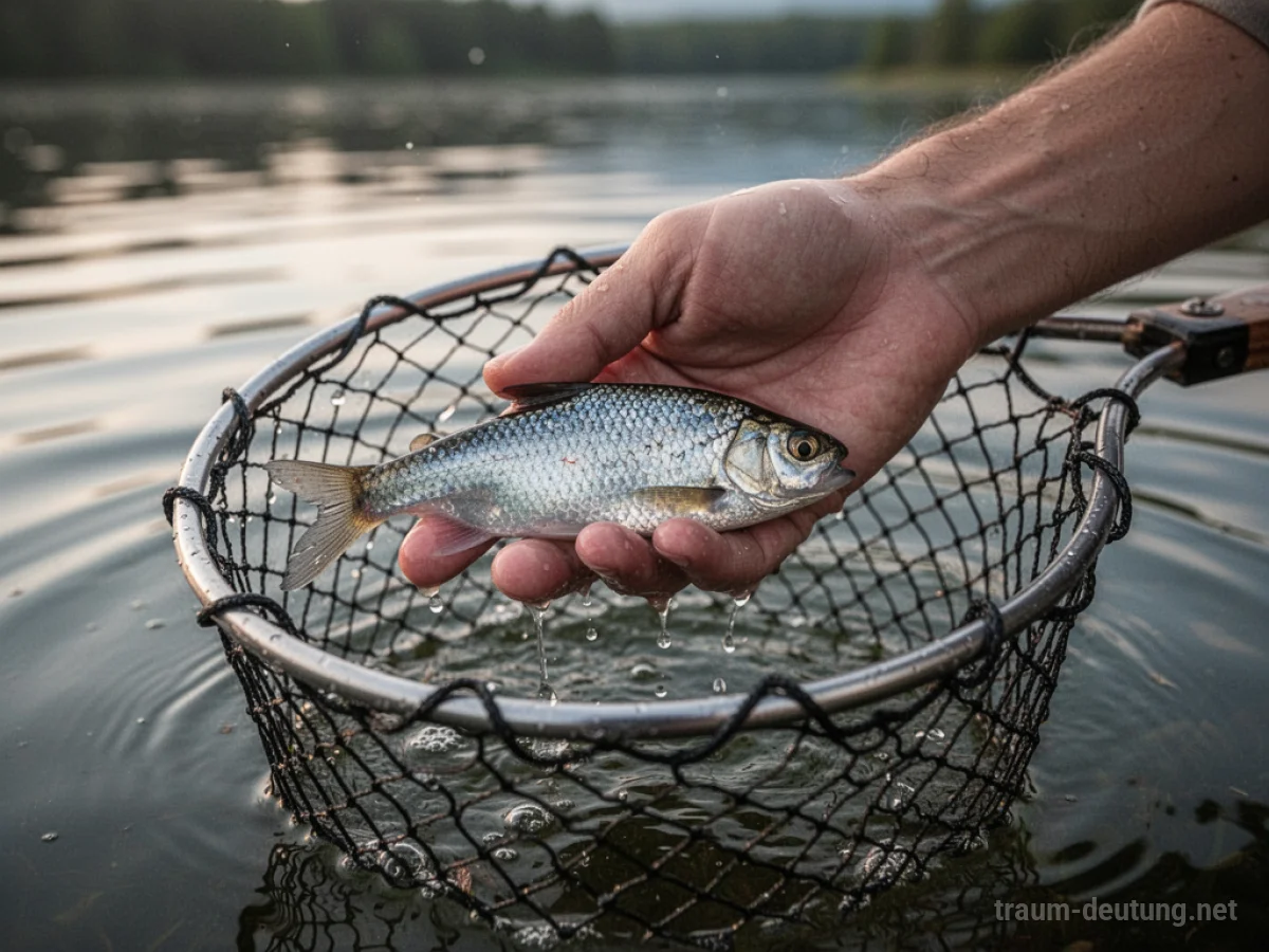 Hand fängt kleinen schimmernden Fisch in einem Netz über ruhigem Wasser.