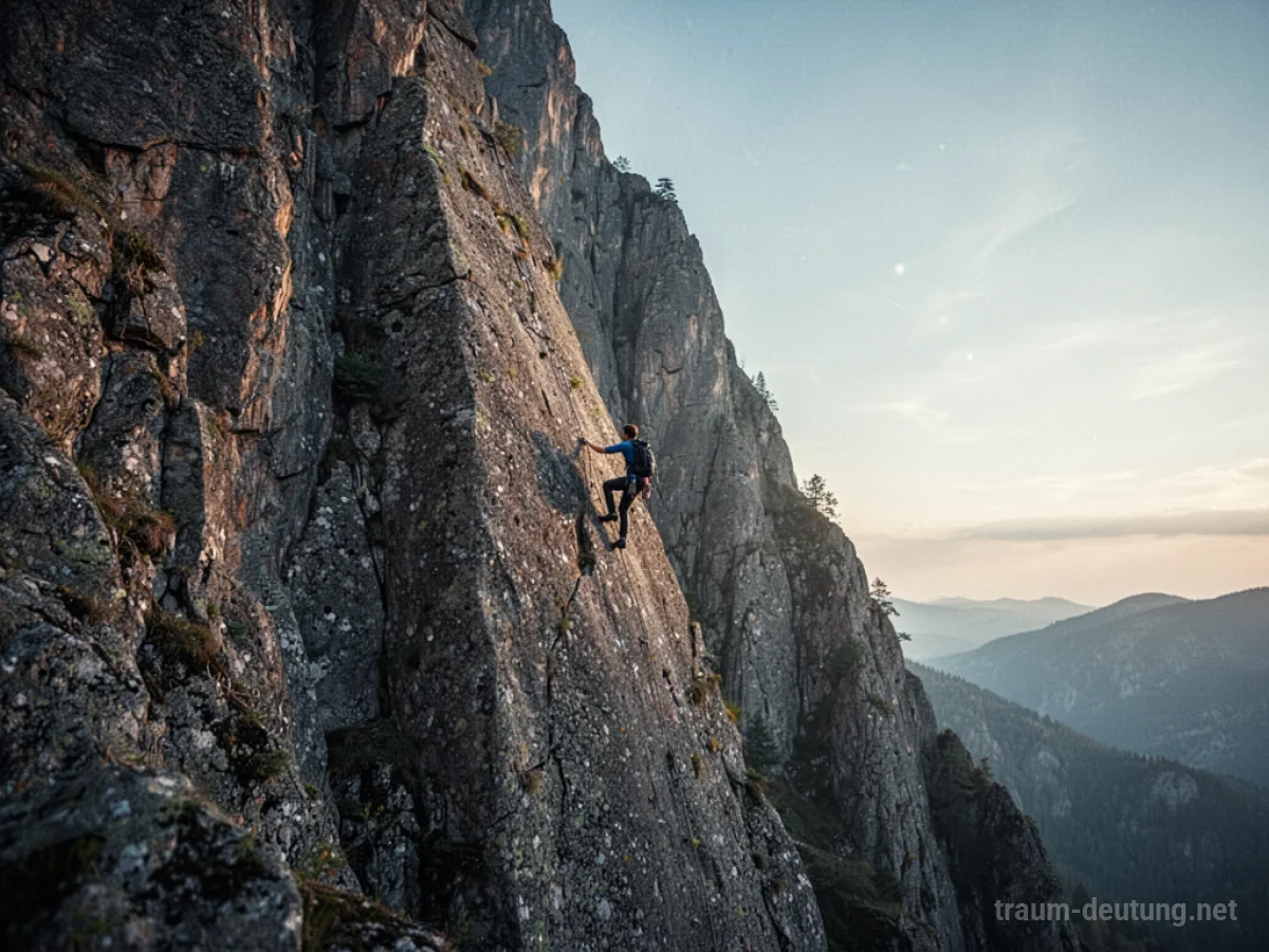 Eine Person klettert eine hohe Felsklippe empor.