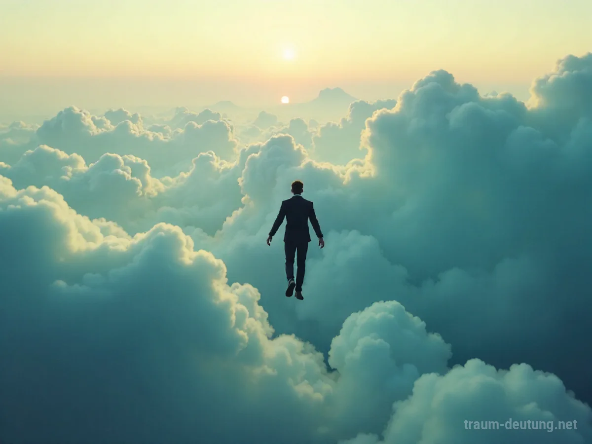 Person stürzt aus dem Himmel, Wolken unter ihr.
