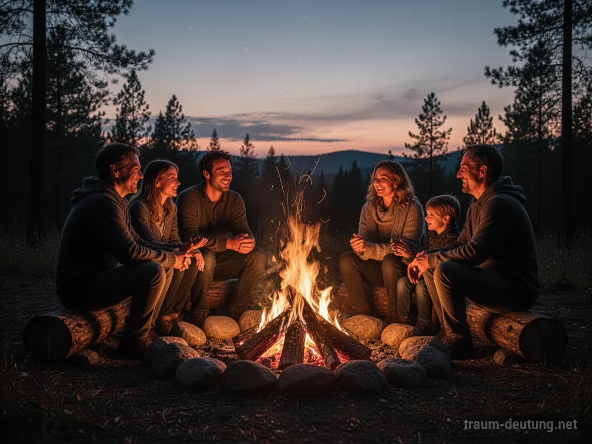 Menschen sitzen um ein warmes Lagerfeuer in der Dämmerung