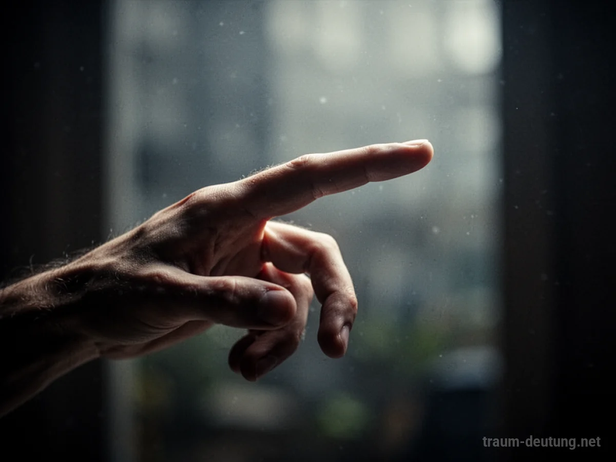 Eine lange, schlanke Fingerzeigende Hand, die aus dem Schatten ragt.