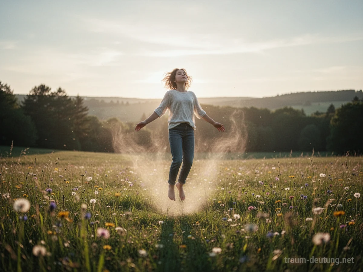 Eine Person schwebt langsam über einer sonnigen Wiese.