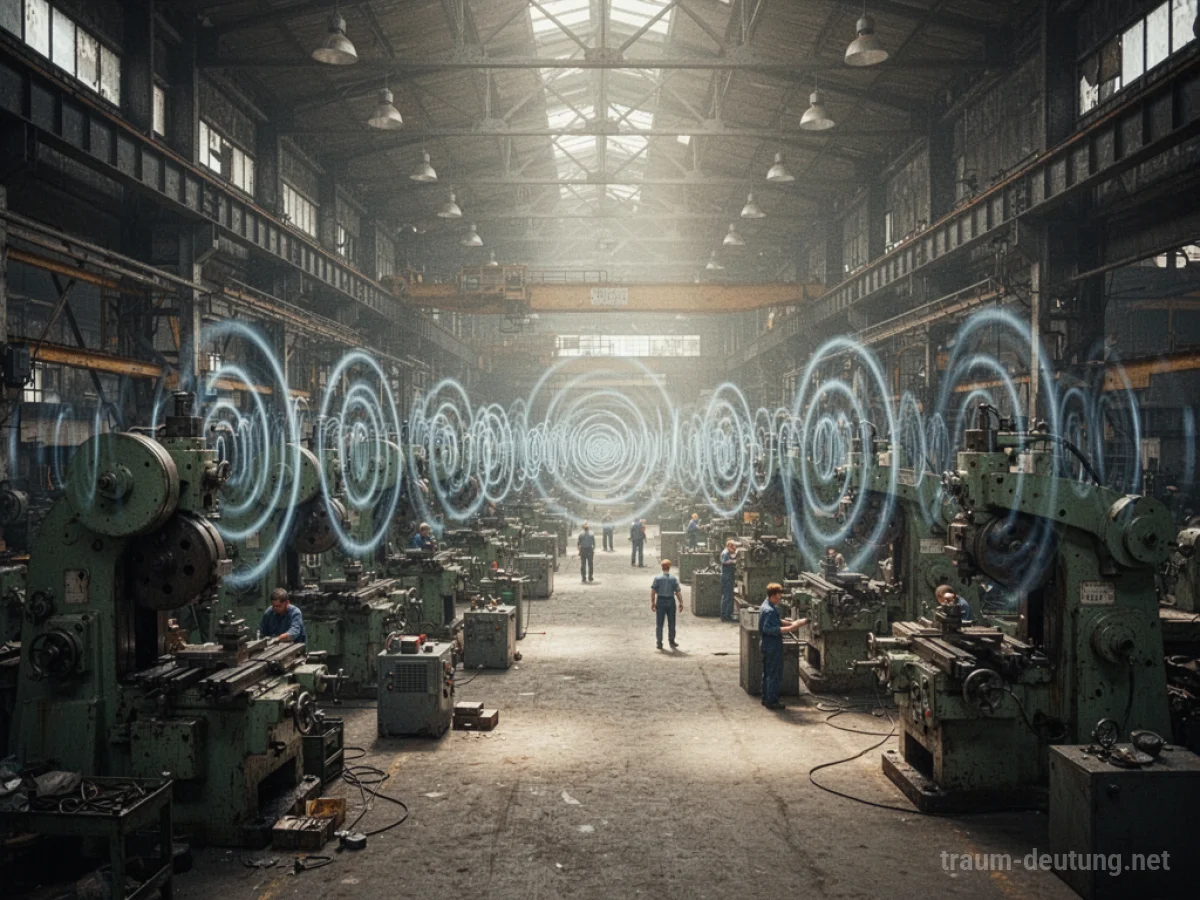 Innenansicht einer lauten Fabrik mit vielen Maschinen und sichtbaren Schallwellen