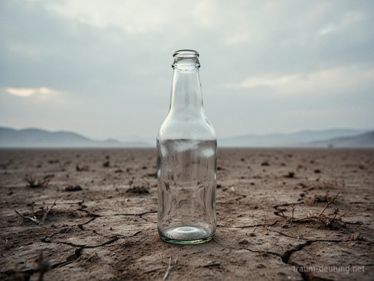 Eine leere Glasflasche steht allein auf trockenem Boden.