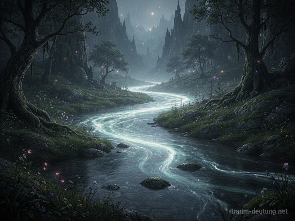 Ein leuchtender Fluss, der durch eine dunkle Landschaft fließt.