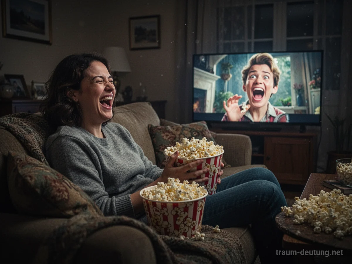 Person lacht über einen lustigen Film auf dem Sofa