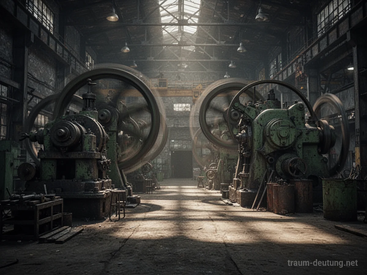 Große, komplexe Maschinen in einer dunklen Fabrikhalle, die sich im Betrieb befinden.