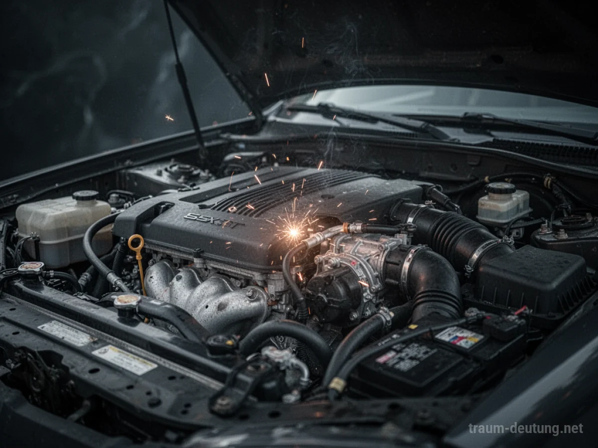 Nahaufnahme eines Automotors, der nicht anspringt, mit schwachem, leblosem Licht.